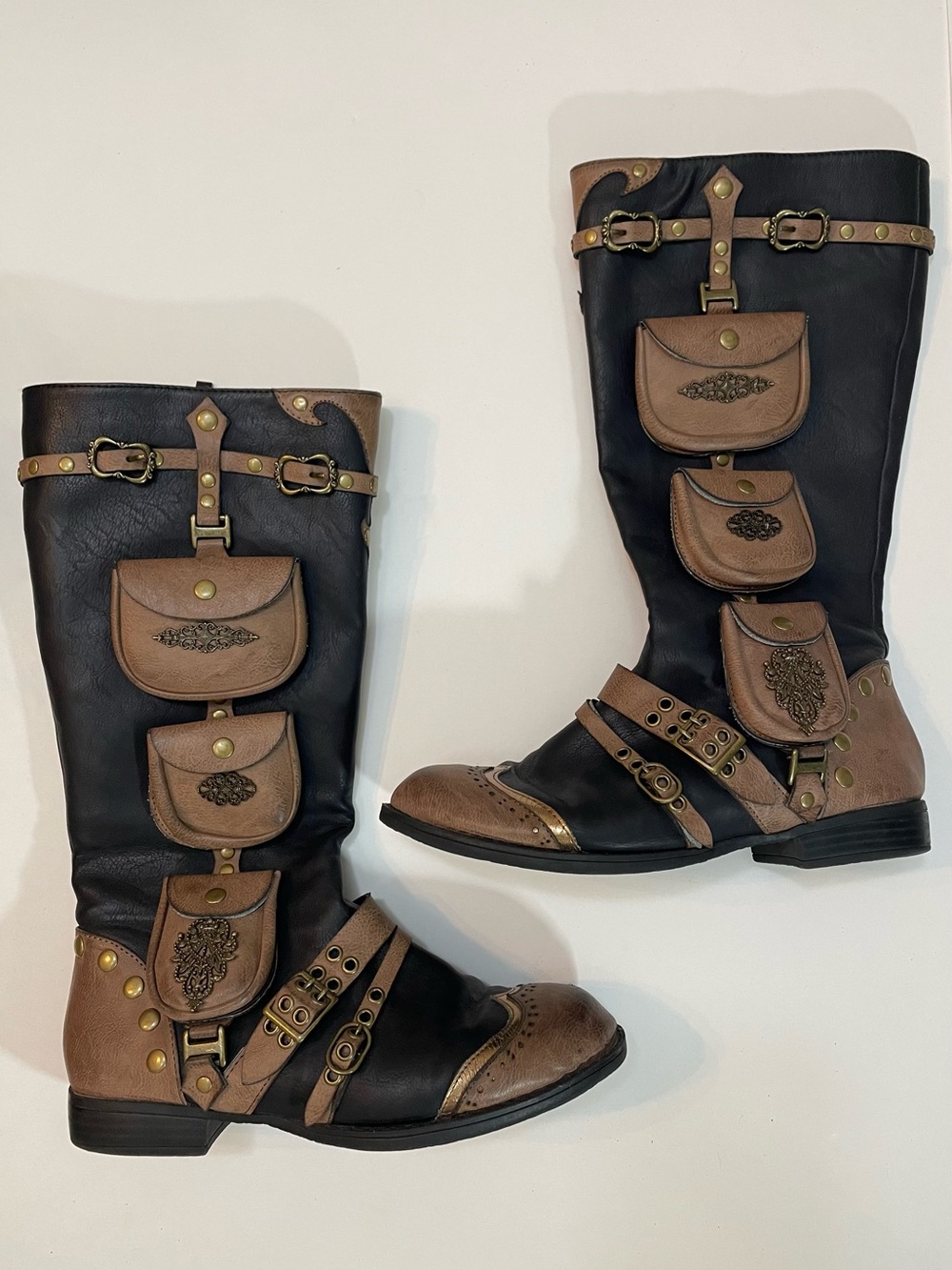 Ellie Black Tan Boots w Pouches & Buckles - Victorian Western Steampunk Cosplay - Picture 2 of 16
